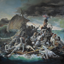 Die Erscheinung des roten Tesla Roadster. 2024 Stephan Sprehe. (Nach dem Bild: Le Radeau de la Méduse von Théodore Géricault) . Gr. 1.80m x 1.70m