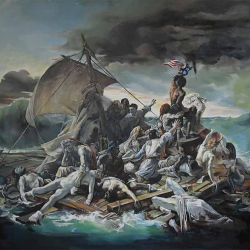 Die Erscheinung des roten Tesla Roadster. 2024 Stephan Sprehe. (Nach dem Bild: Le Radeau de la Méduse von Théodore Géricault). Gr. 1.80m x 1.70m